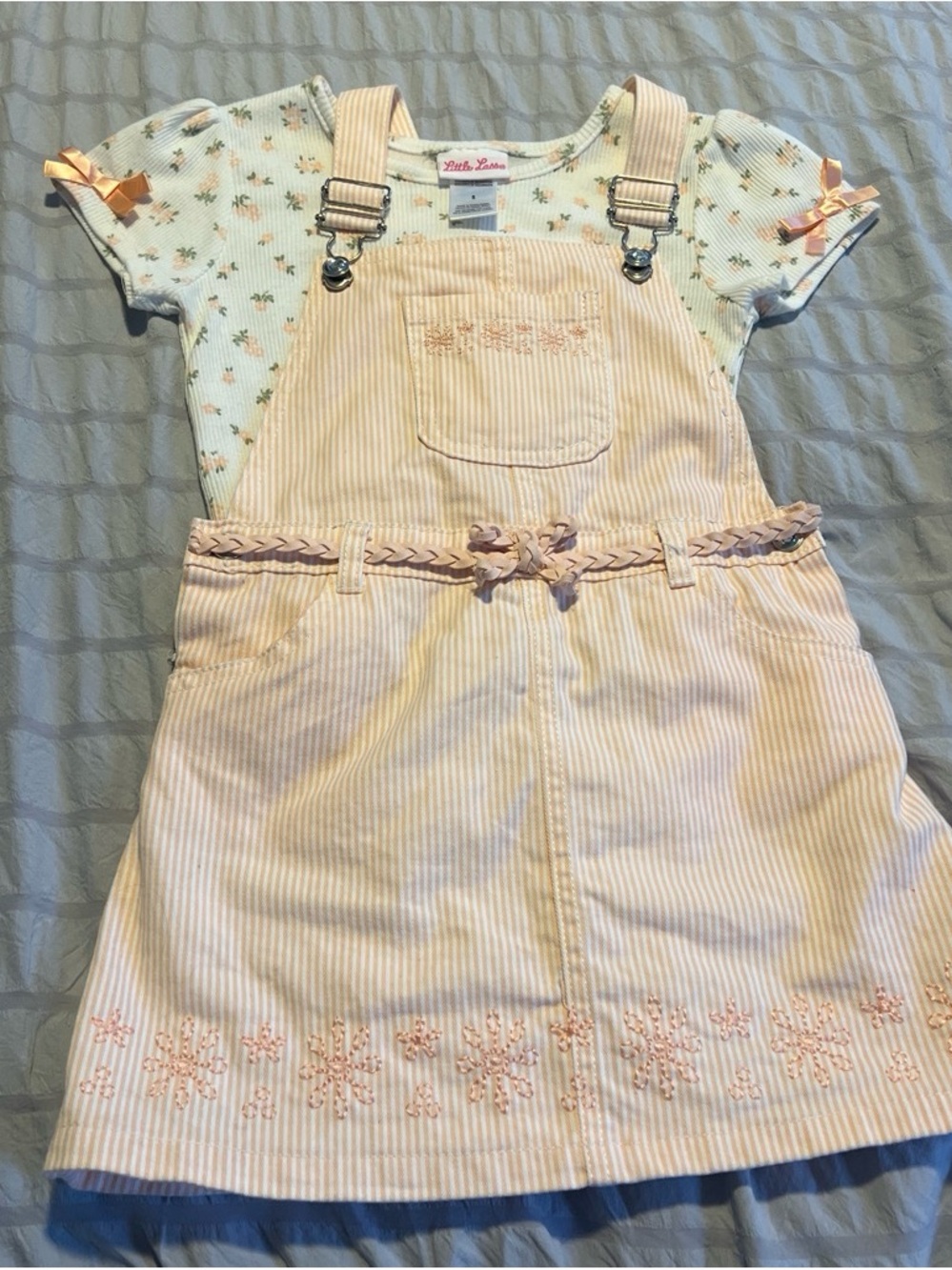 Little Lass Pale Orange  Striped Overall Dress with Floral Tee- worn once